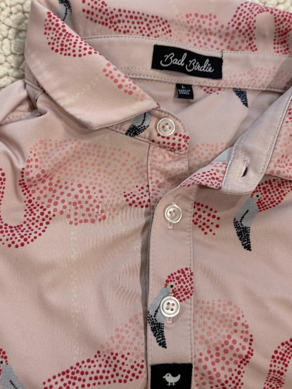 Bad Birdie Men's Golf Polo, Pink Flamingo Print, Size L — GUC!
